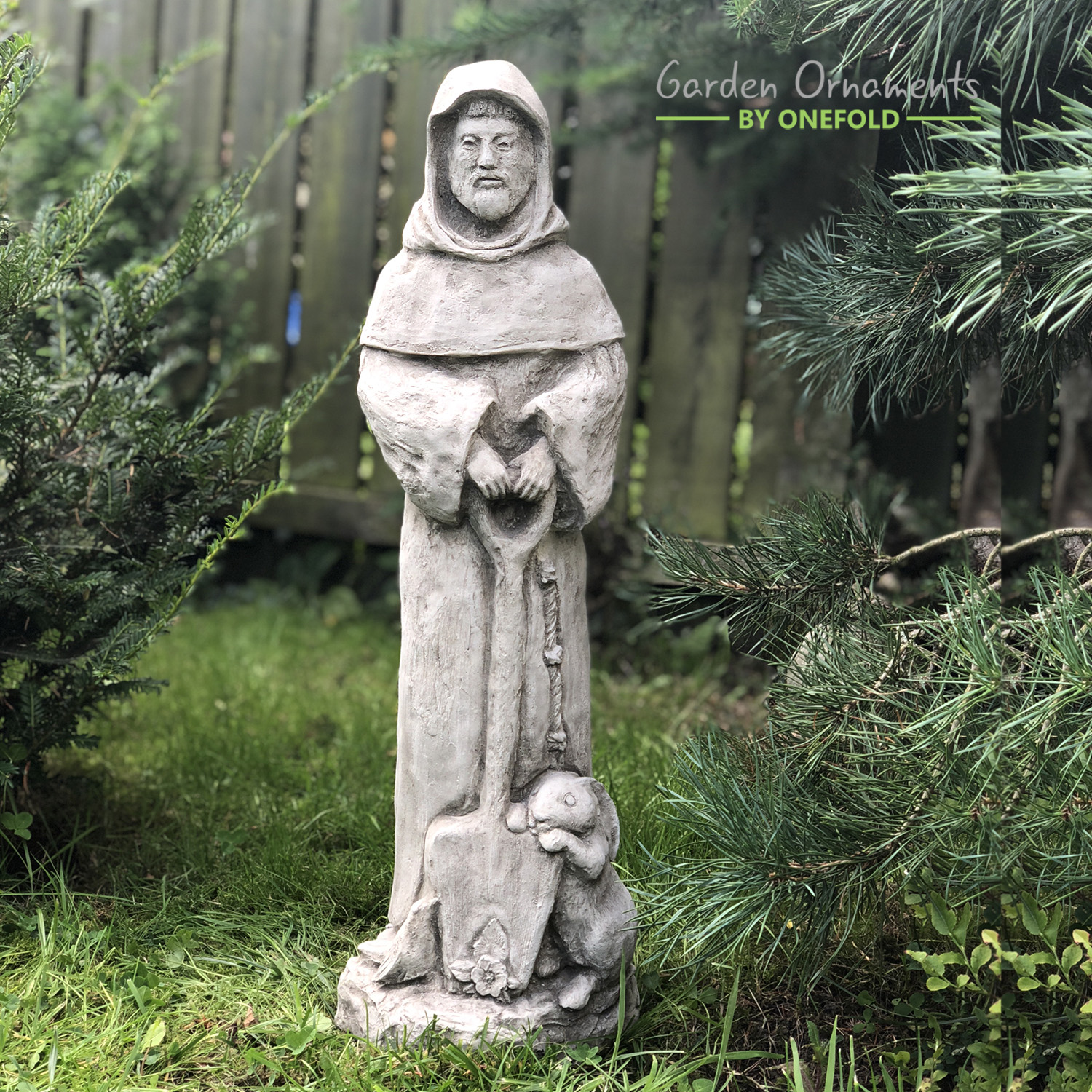 Saint Francis stone garden ornament Patron Saint of gardening religious spade St 