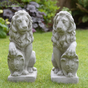 Stone Lions With Shield Pair